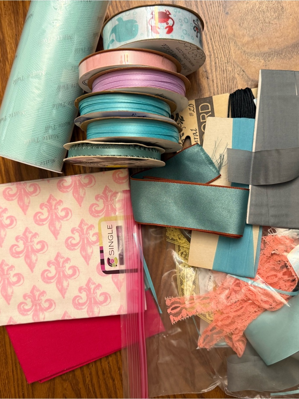 Assorted Decorative Ribbons and Trims - Pink, Aqua, Lavender, Coral, Fat Quarter